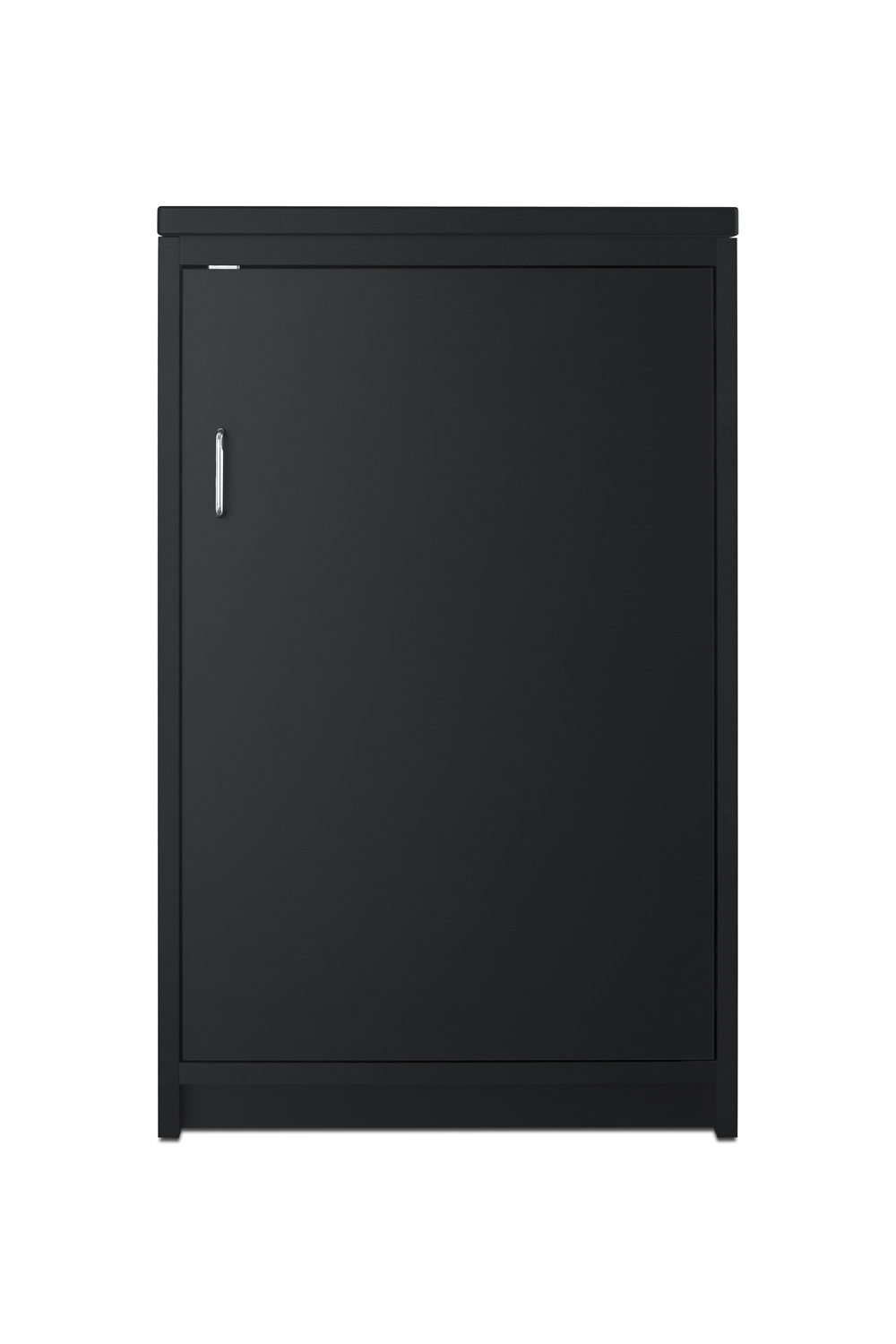 Fully assembled casework trash cabinet in ADA compliant height and black finish with garbage and recycling bins included